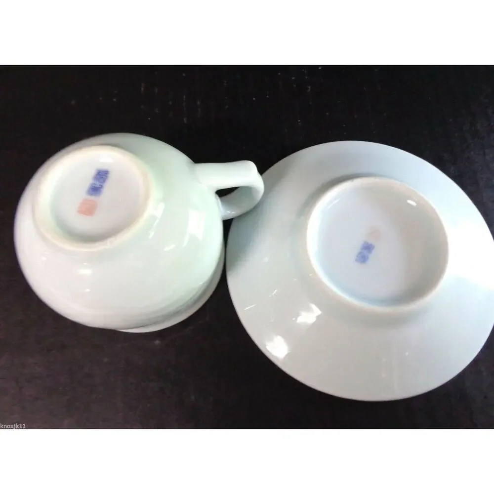 Green Jadeite Tea Cup Saucer Set Coffee Mug Raised Asian Flower Vtg Milk Glass